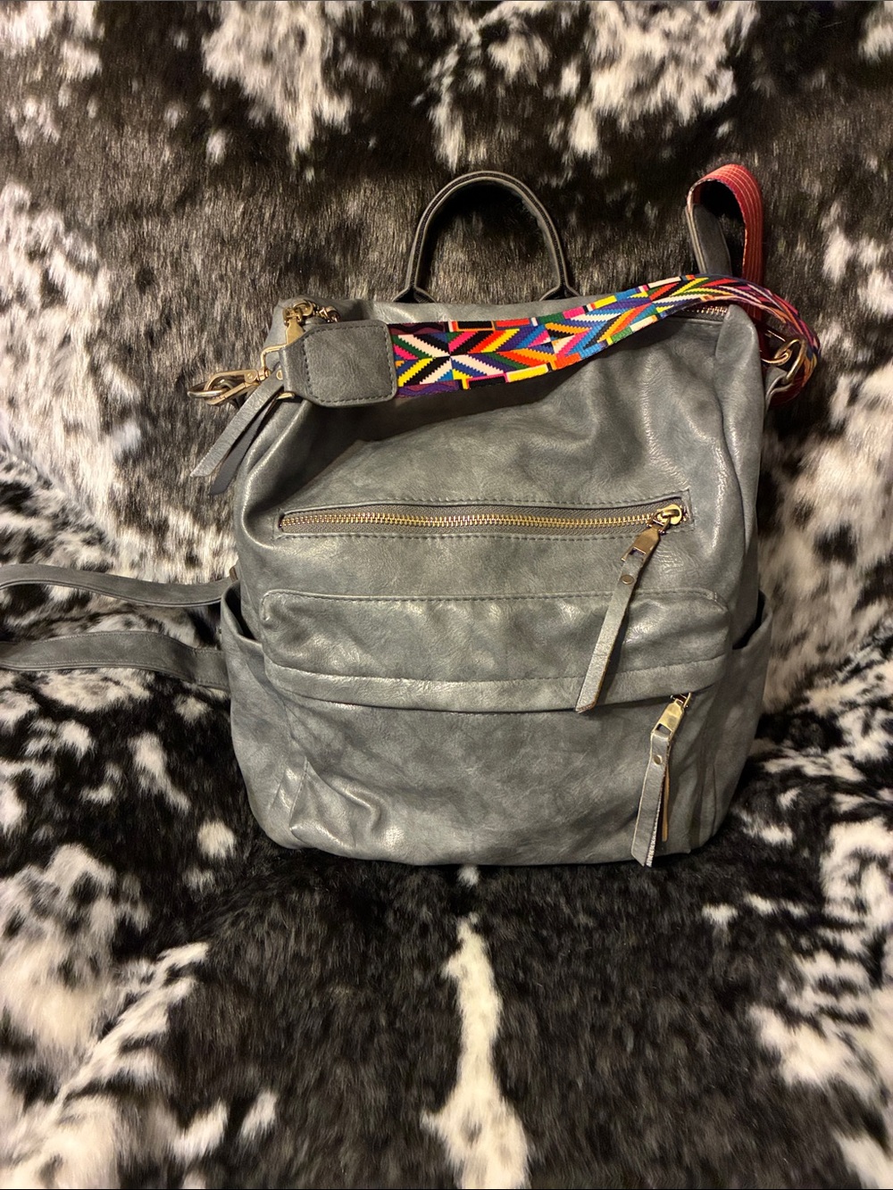Women's Gray Backpack Tote with Colorful Strap